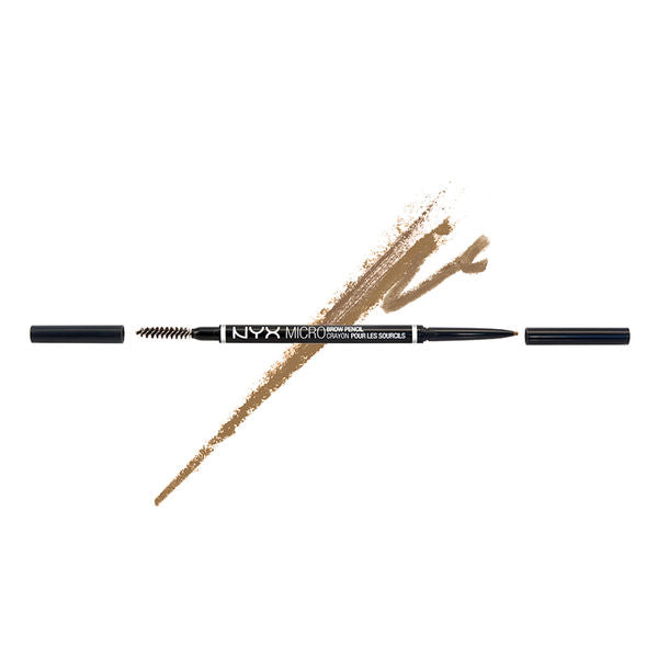 NYX micro brow pencil in Blonde with spoolie brush and applied brow swatch
