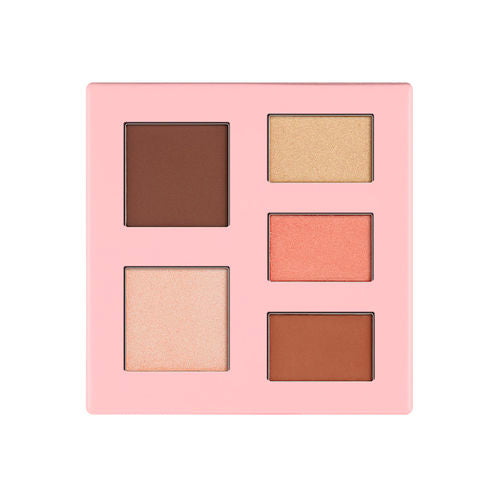 Eyeshadow palette with five pans: brown, beige, peach, light pink, and tan.
