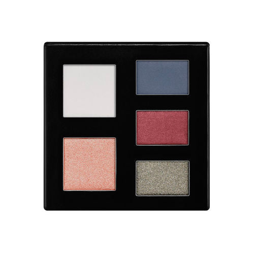 Eyeshadow palette with four pans: white, blue, red, and gray.