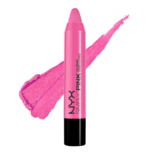 Lip cream tube with glossy vivid pink lip swatch and applicator tip