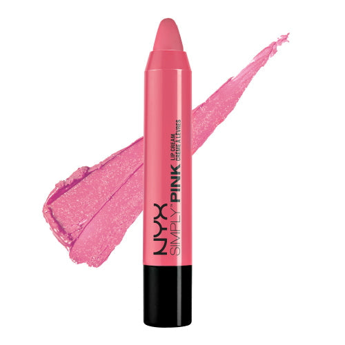 Lip cream tube with glossy bright pink lip swatch and applicator tip