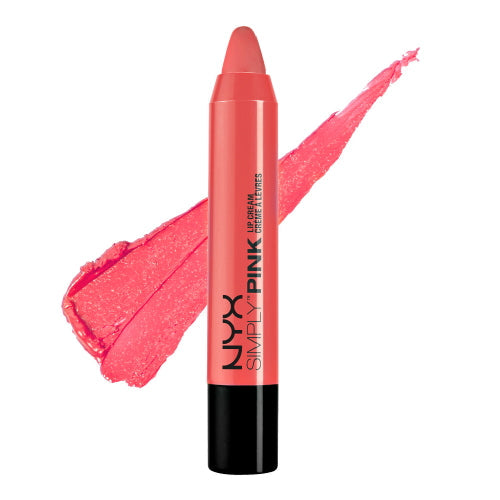 Lip cream tube with glossy coral red lip swatch and applicator tip