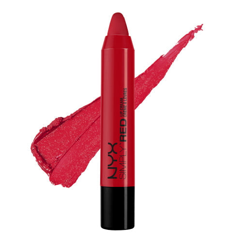 Red lip cream tube with pointed applicator and wide glossy swatch on the side