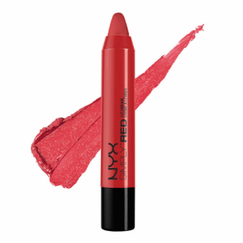 Red lip cream in slim tube with pointed cap and glossy pink-red swatch stripe