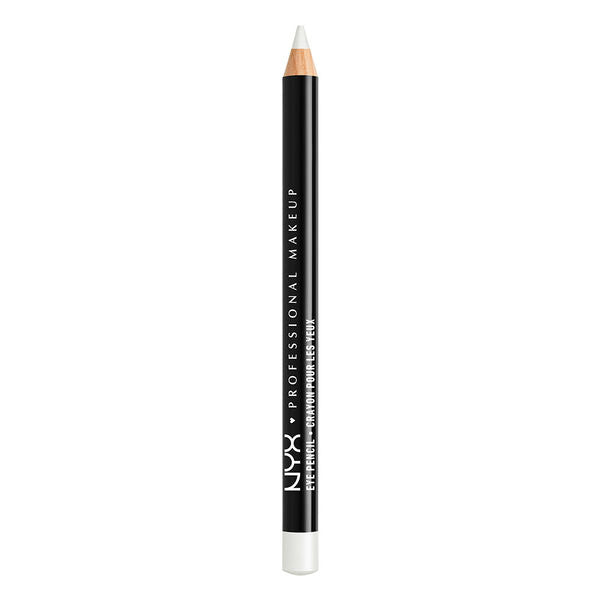 Slim eye pencil in white pearl with sharpened tip, black barrel and white end