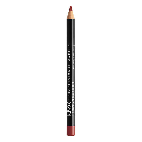 NYX slim lip pencil in auburn shade, pointed tip with black barrel and auburn base.