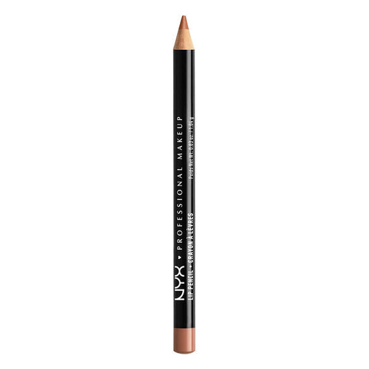 NYX slim lip pencil in soft brown, sharpened tip, black tube with label.