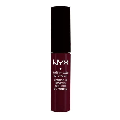 Soft matte lip cream bottle in dark burgundy, black cap.