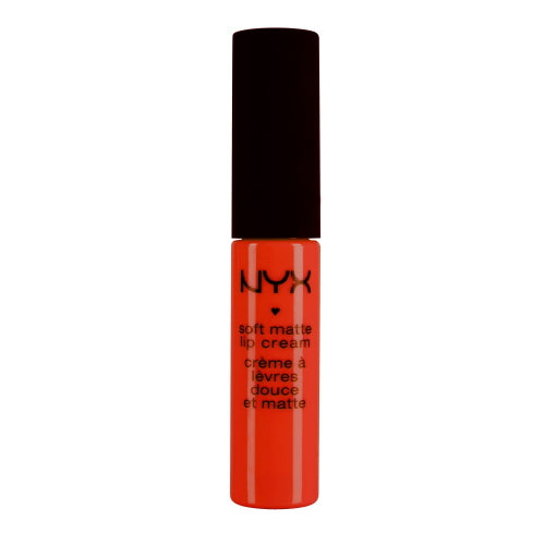 NYX Soft Matte Lip Cream in Morocco, orange-red liquid with dark cap.