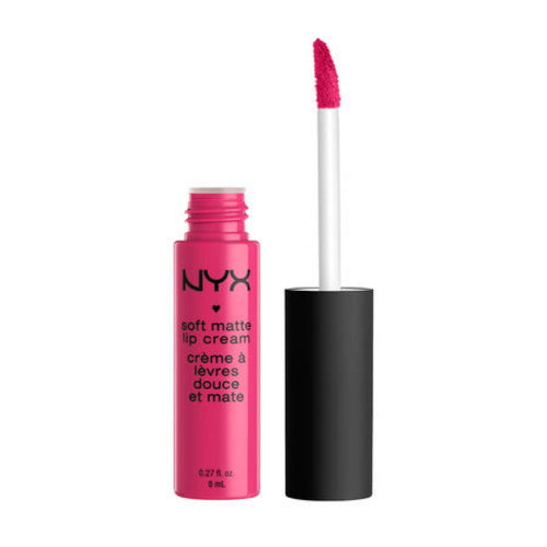 Soft matte lip cream in pink tube with doe-foot applicator, Paris shade