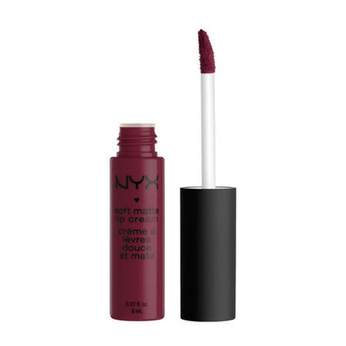 NYX soft matte lip cream with doe-foot applicator, deep berry shade, in bottle and tube