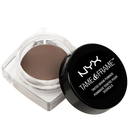 Chocolate brown eyebrow pomade in open jar with black lid