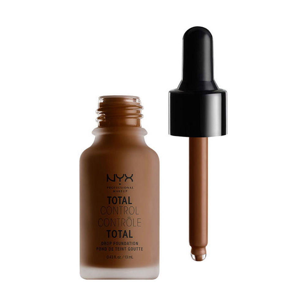 Drop foundation bottle with black cap and pipette, deep espresso shade