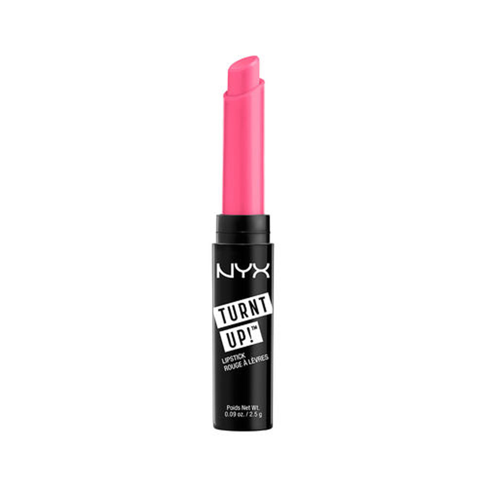 Lipstick tube in bright pink with black base and NYX branding