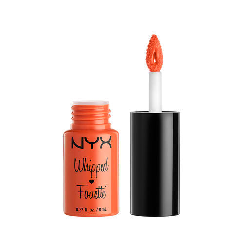 NYX whipped lip & cheek soufflé in coral shade, container and lip applicator visible.