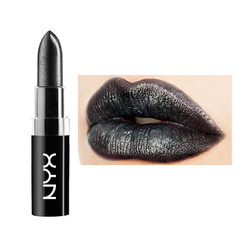 Metallic charcoal lipstick with lip swatch