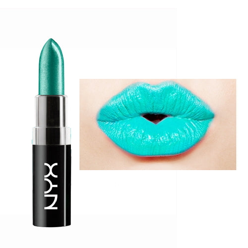 Metallic teal lipstick with lip swatch