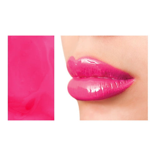 Lip color swatch on lips, glossy bright pink