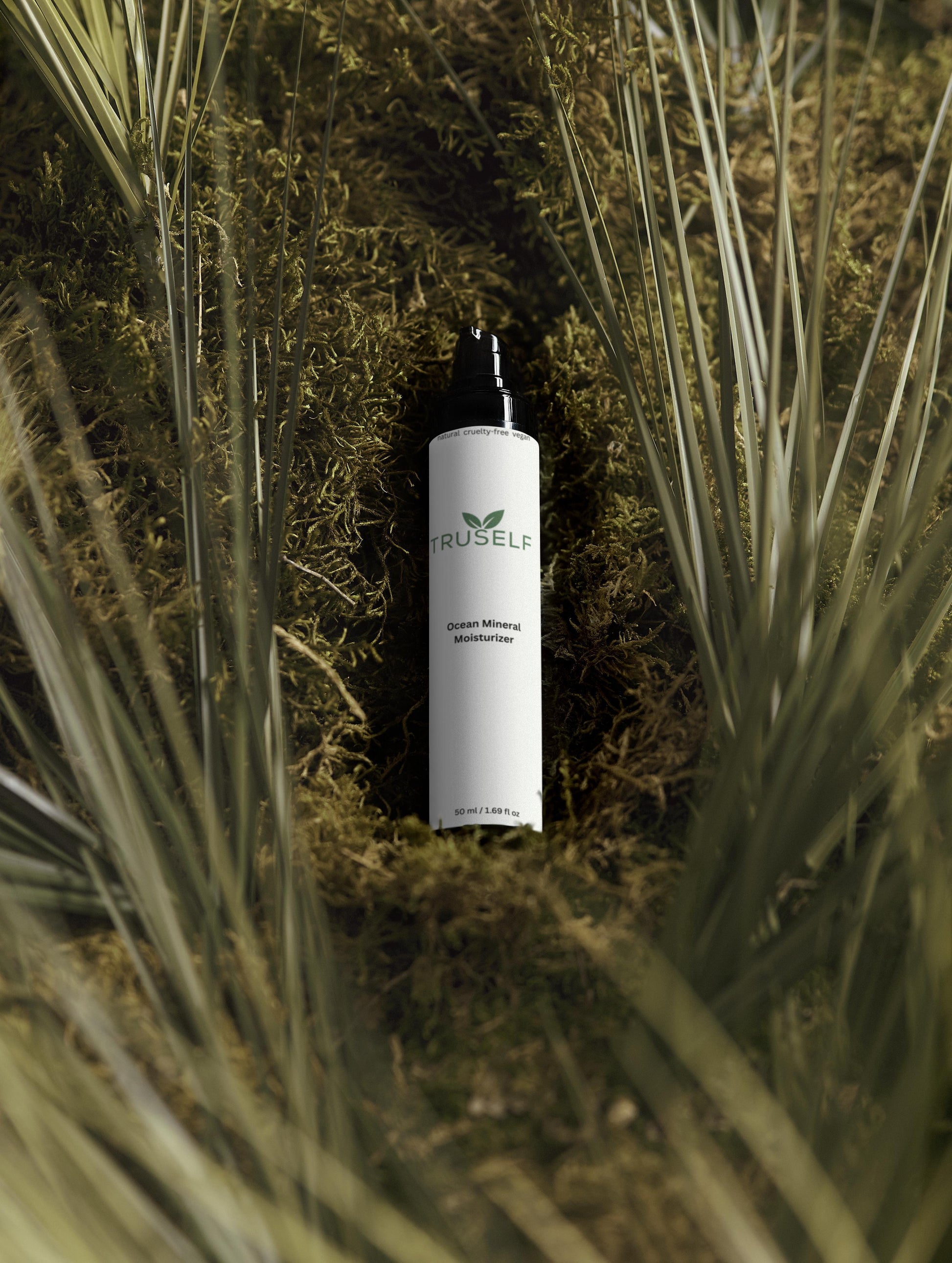 Ocean Mineral Moisturizer bottle with black pump and TRUSELF logo