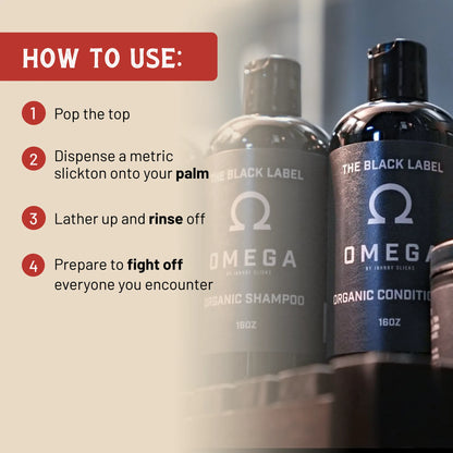 Omega organic shampoo and conditioner bottles with a how-to-use steps panel on the left