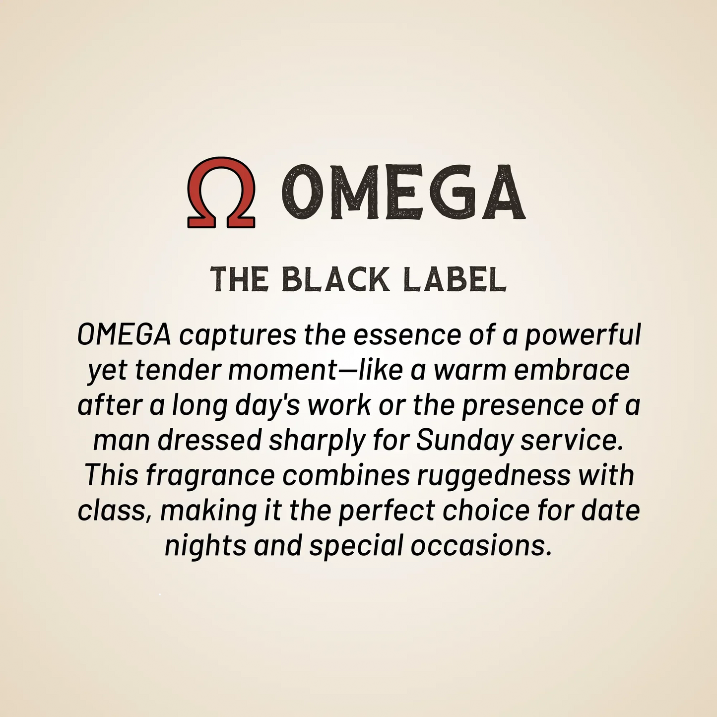 Omega The Black Label text graphic for a body wash, with Omega brand logo at top