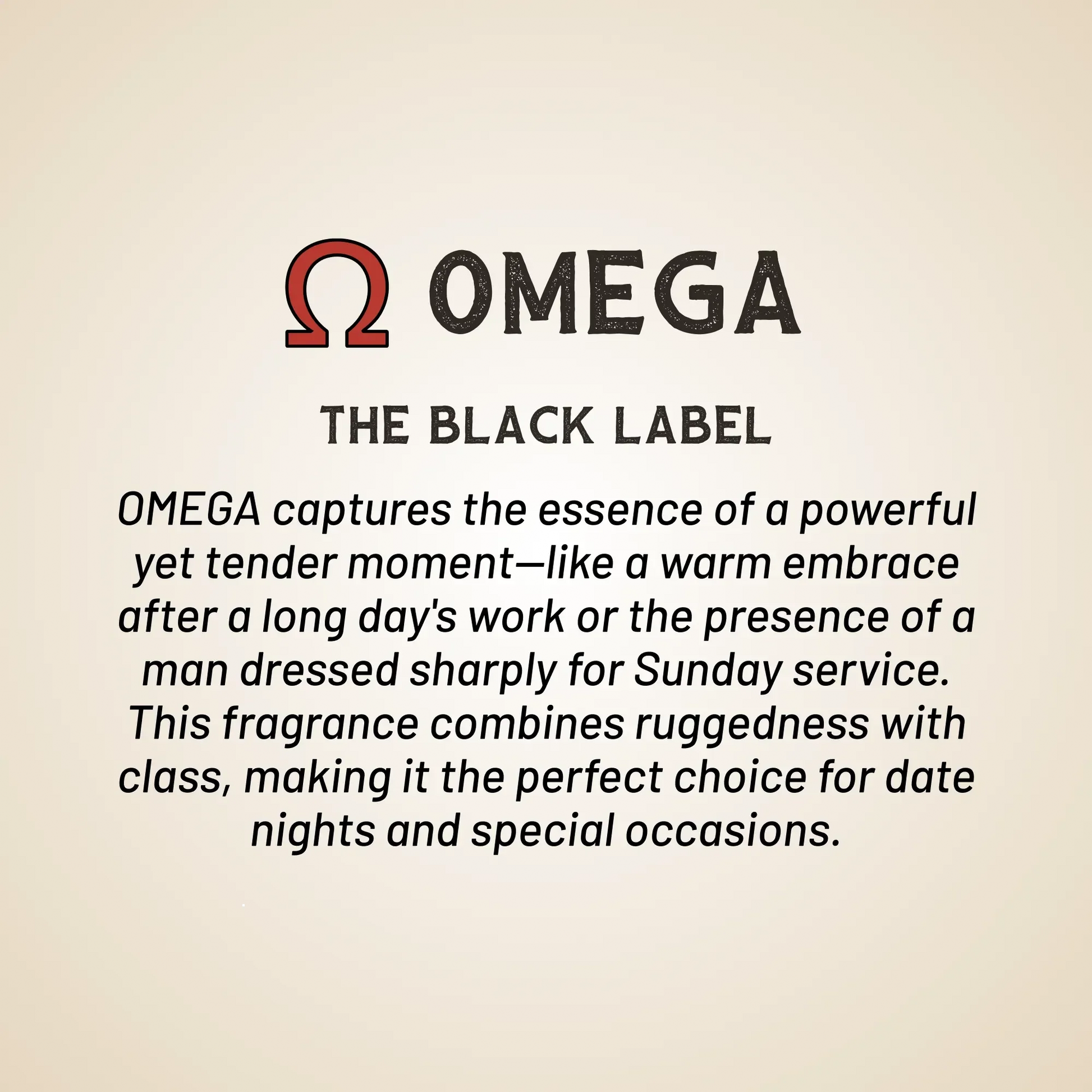 Omega The Black Label text graphic for a body wash, with Omega brand logo at top