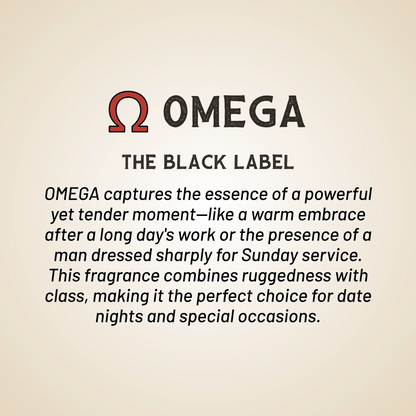 Omega The Black Label text graphic for a body wash, with Omega brand logo at top