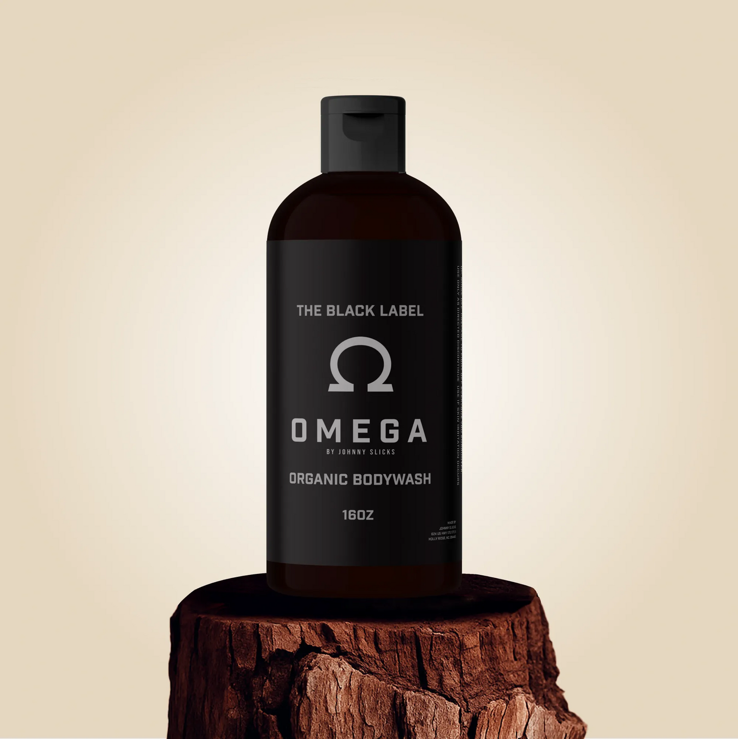 Black Omega organic body wash bottle with pump, front label The Black Label Omega