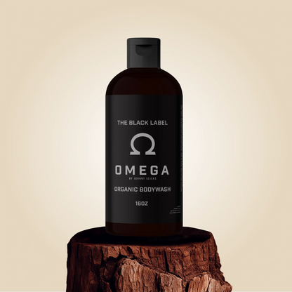 Black Omega organic body wash bottle with pump, front label The Black Label Omega