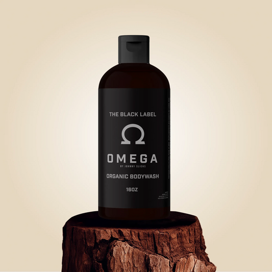 Black Omega organic body wash bottle with pump, front label The Black Label Omega