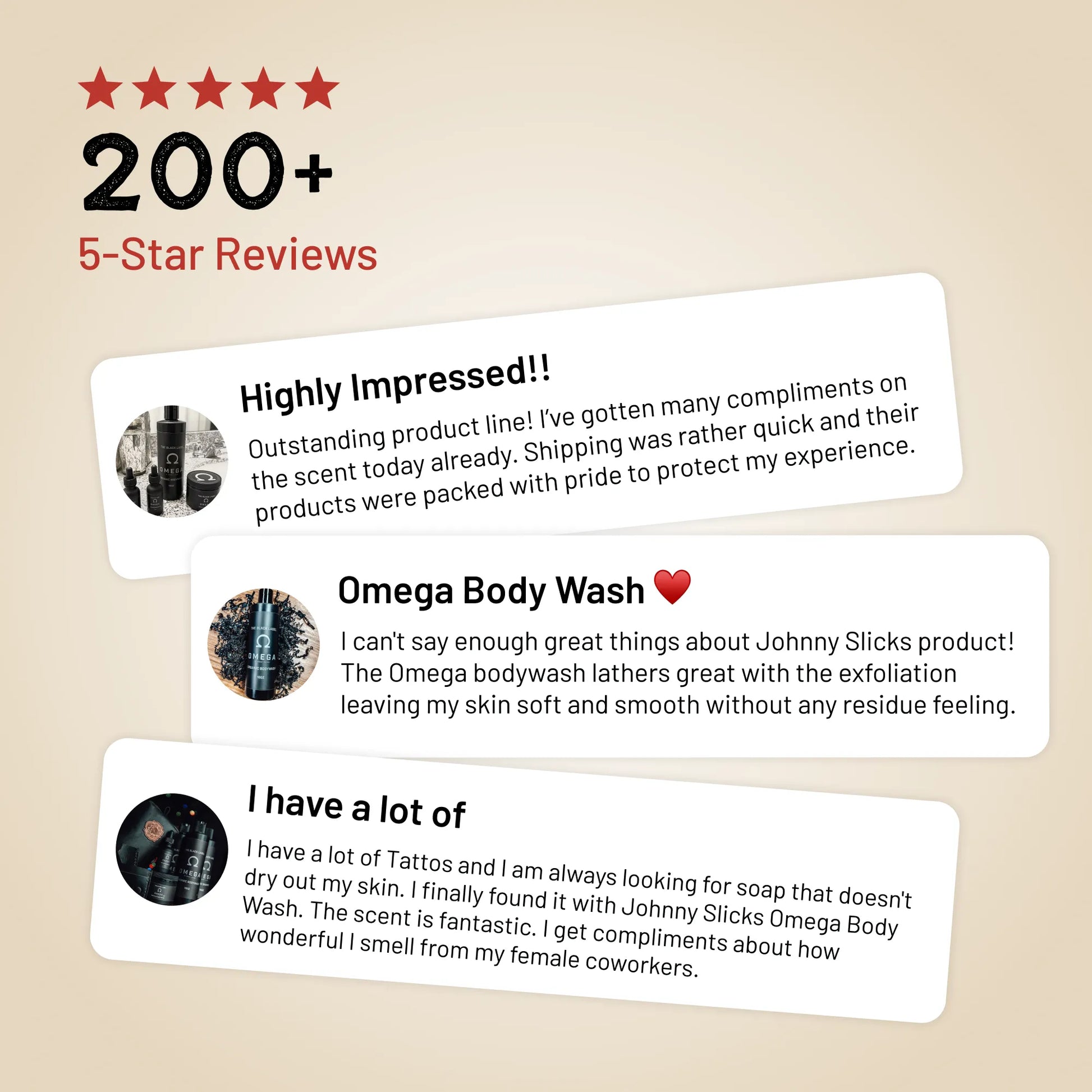 Review card graphic showing 200+ 5-star reviews alongside Omega body wash bottles