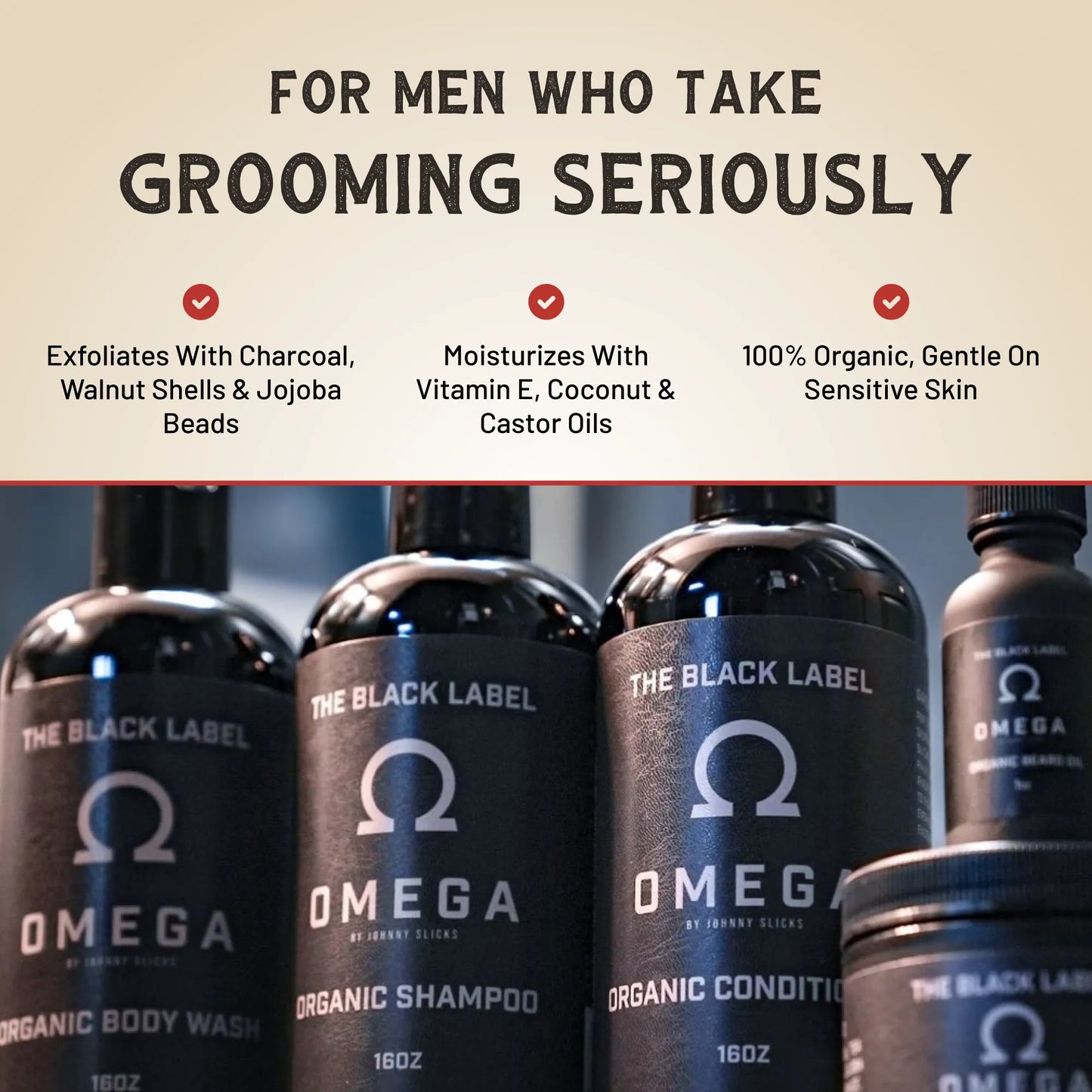 Multiple Omega bottles line up under a 'For men who take grooming seriously' label