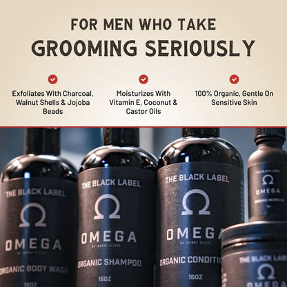 Multiple Omega bottles line up under a 'For men who take grooming seriously' label