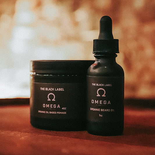 Black Omega organic beard oil pomade jar with dropper bottle, THE BLACK LABEL.