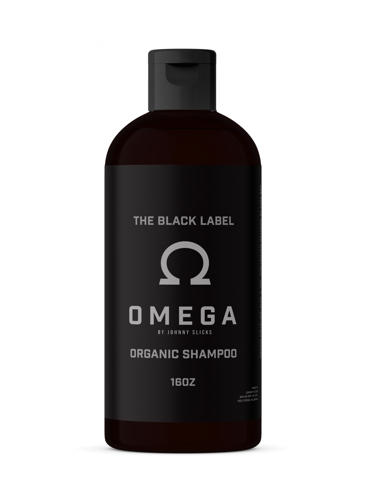 Omega Organic Shampoo bottle, dark with black label and Omega logo, 16oz