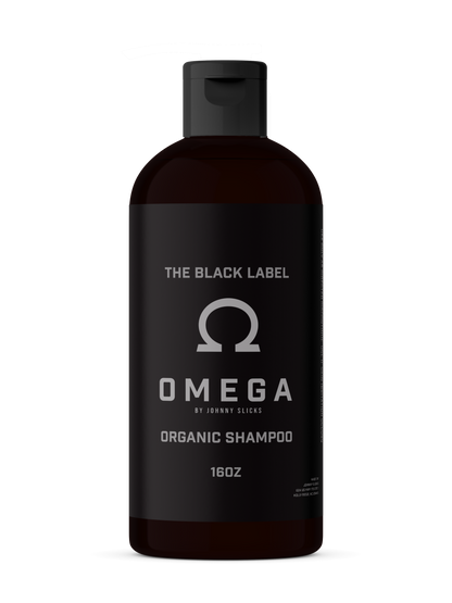 Omega Organic Shampoo bottle, dark with black label and Omega logo, 16oz