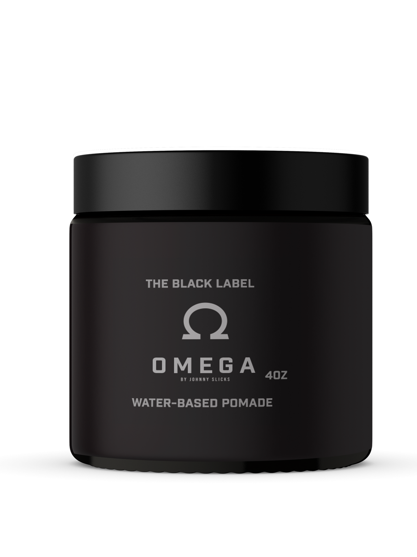 Water-based pomade jar, black 4oz tub with Omega logo and label