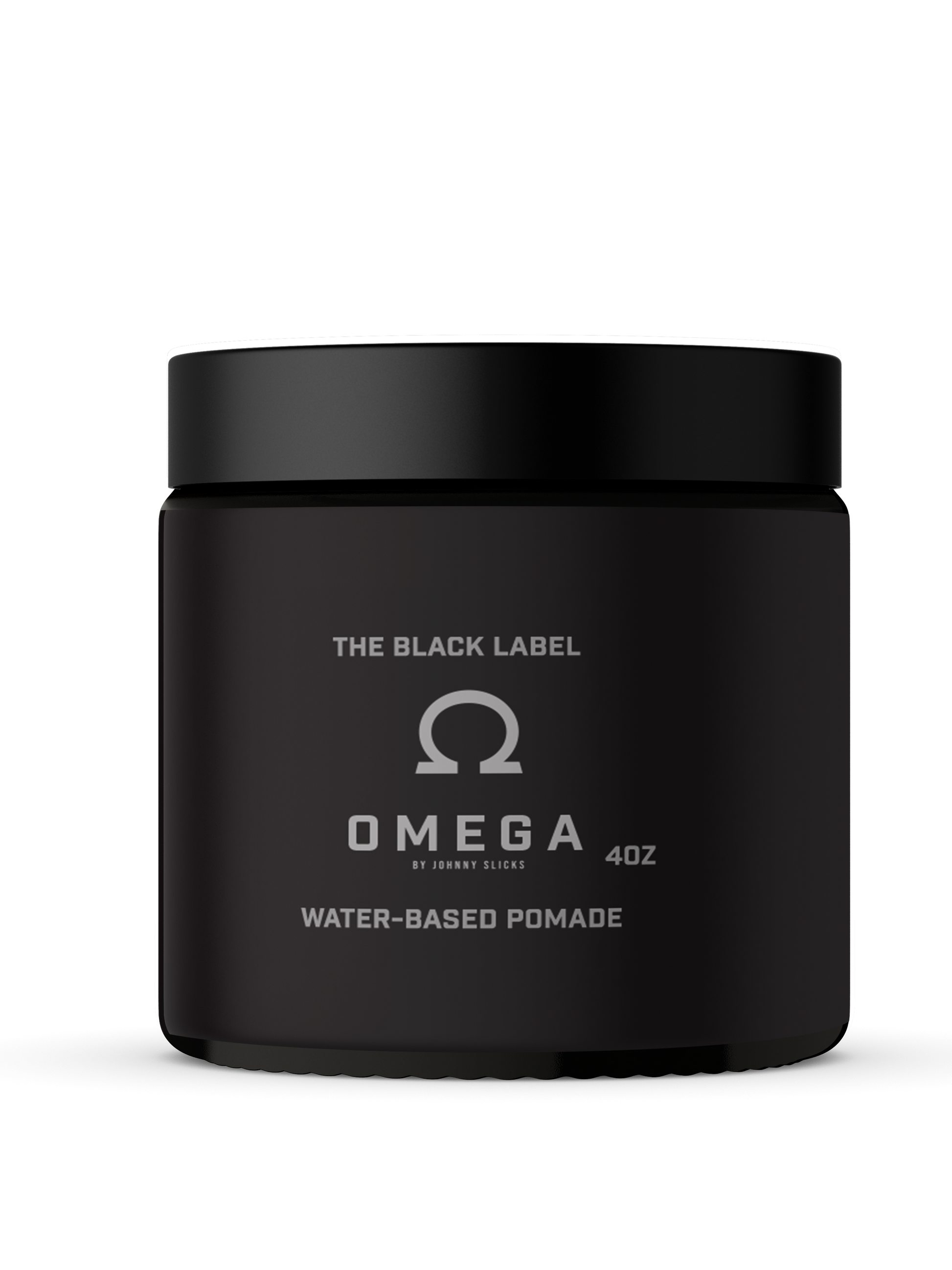 Water-based pomade jar, black 4oz tub with Omega logo and label