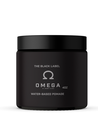 Water-based pomade jar, black 4oz tub with Omega logo and label