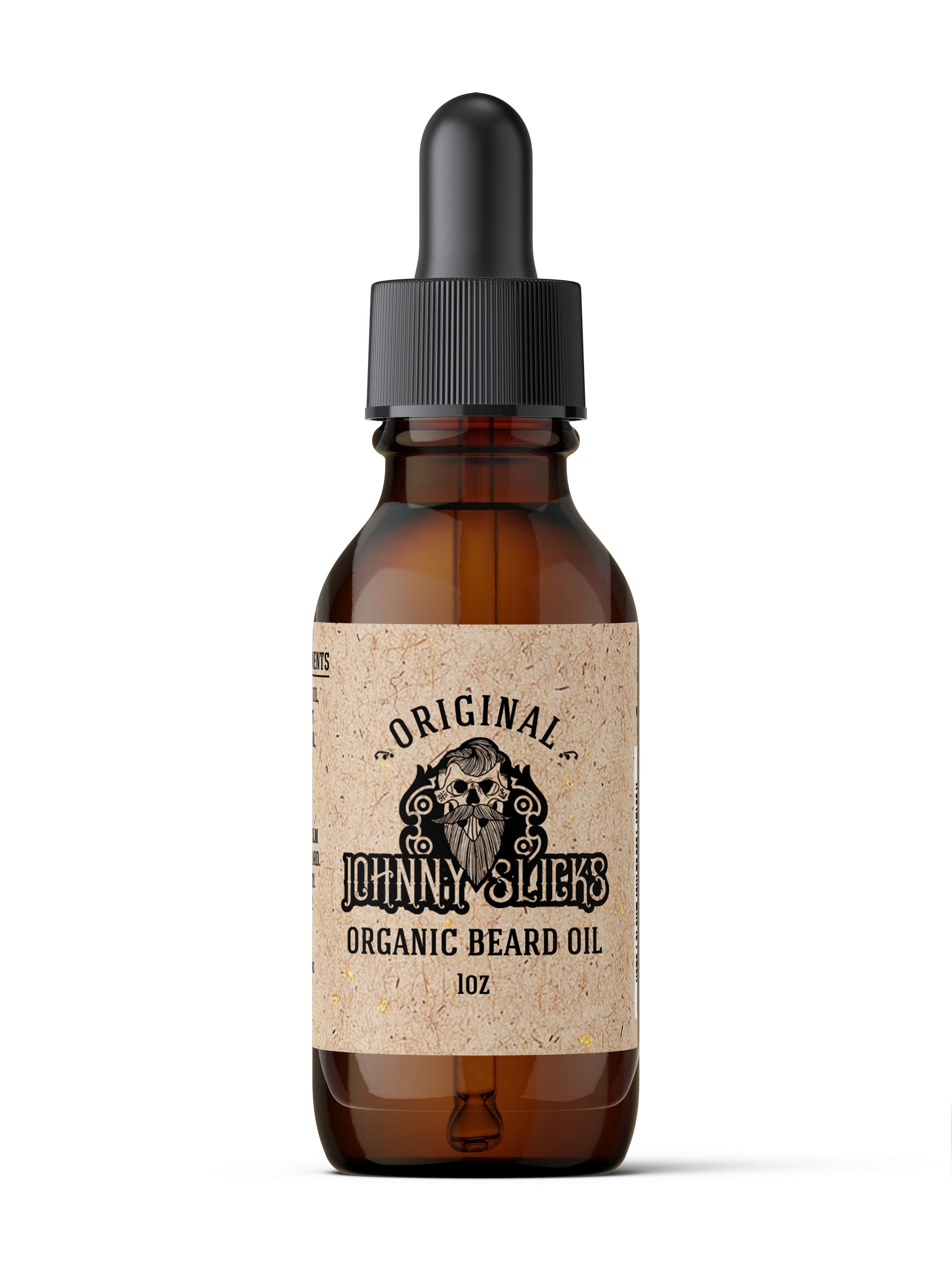 Johnny Slicks Original organic beard oil bottle, 1oz, amber glass with black pump cap