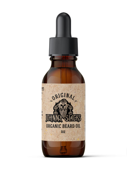 Johnny Slicks Original organic beard oil bottle, 1oz, amber glass with black pump cap