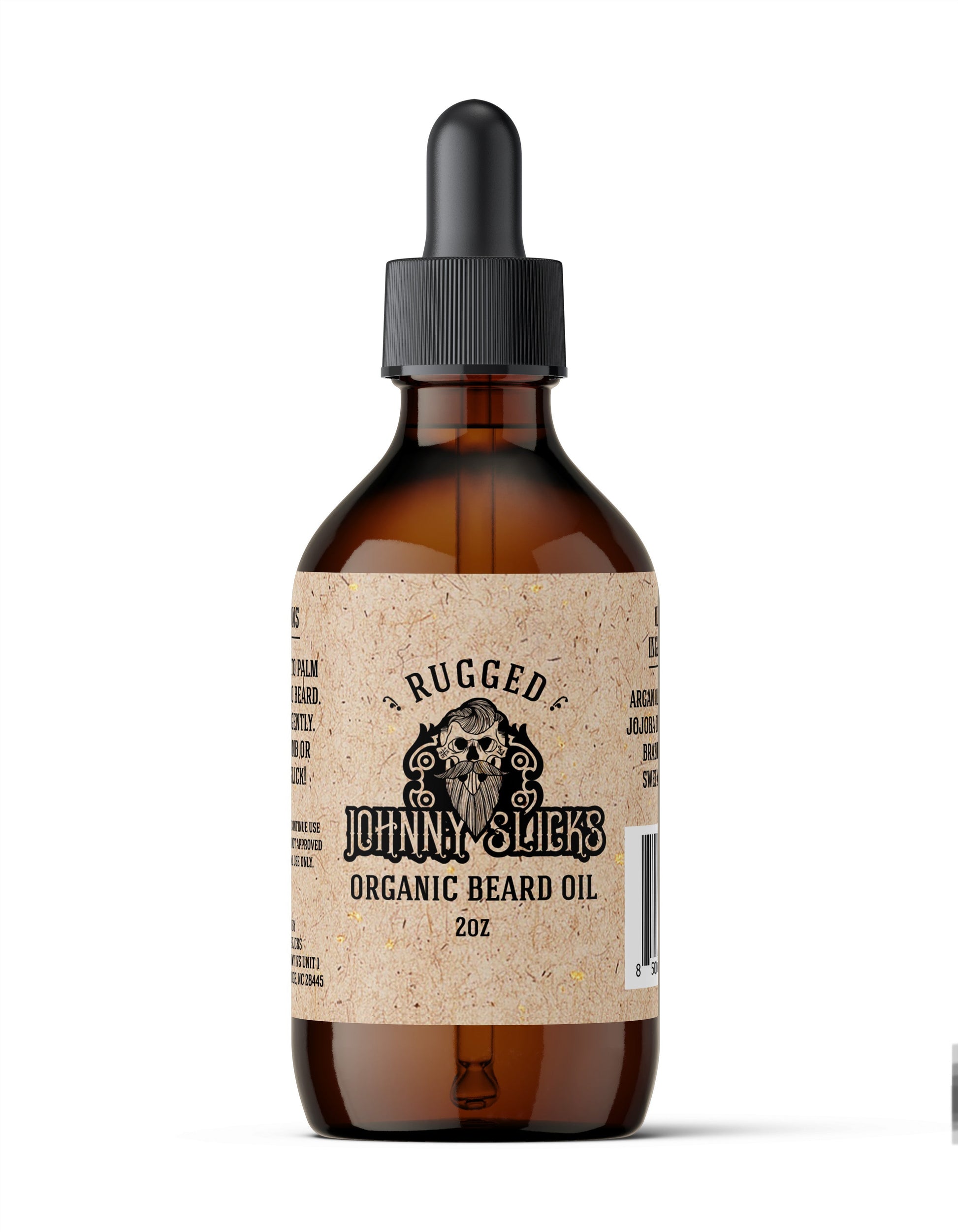 Johnny Slicks Rugged organic beard oil bottle, 2oz, amber glass with black pump cap