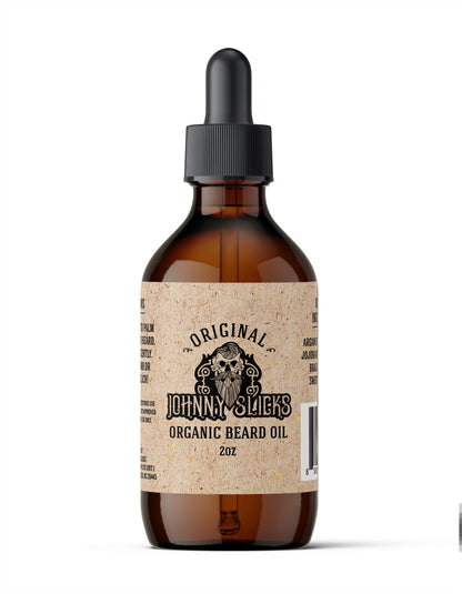 Johnny Slicks Original organic beard oil bottle, 2oz, amber glass with black pump cap