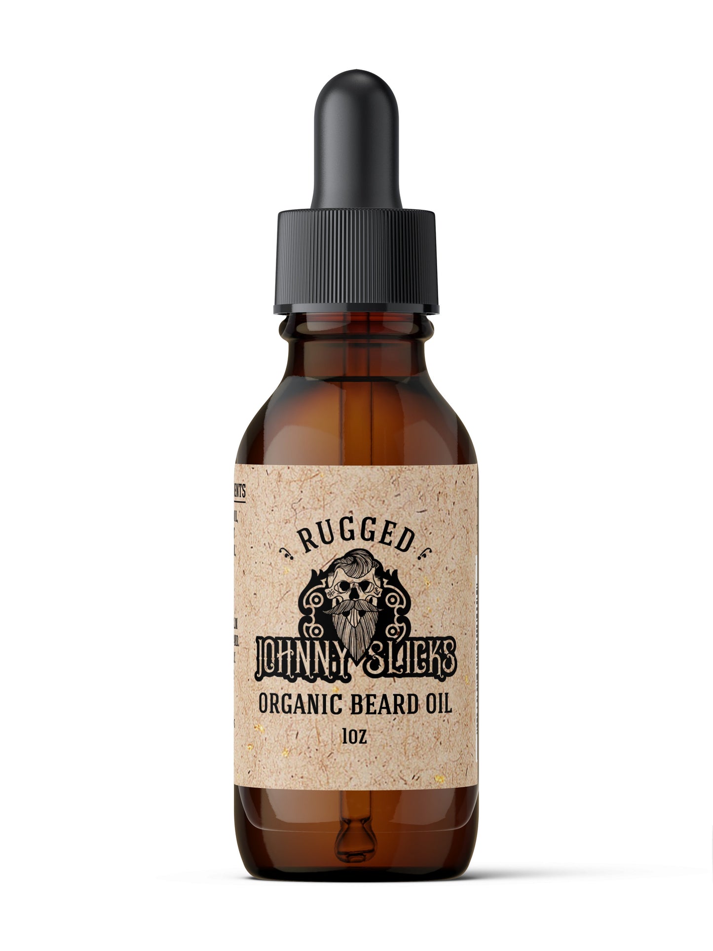 Johnny Slicks Rugged organic beard oil bottle, 1oz, amber glass with black pump cap