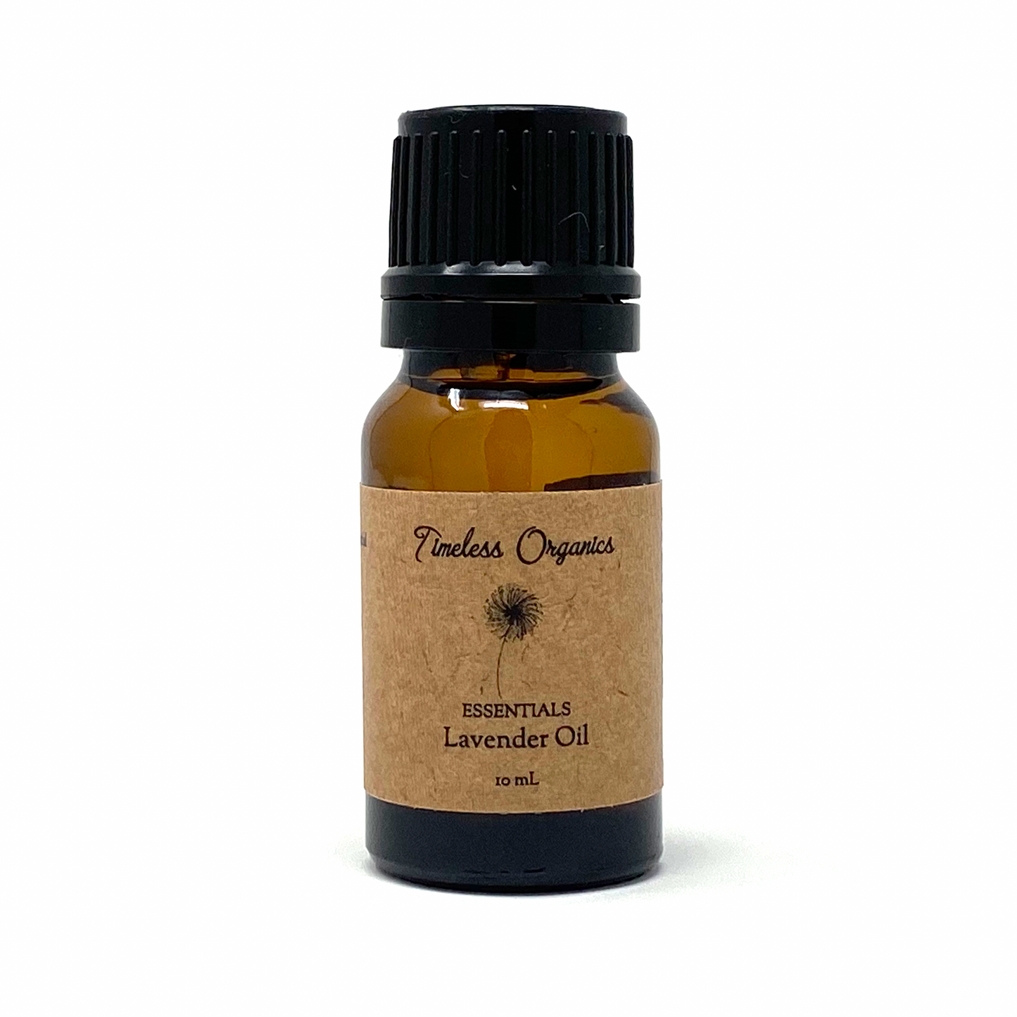 Lavender essential oil bottle with amber glass and black cap, brown label