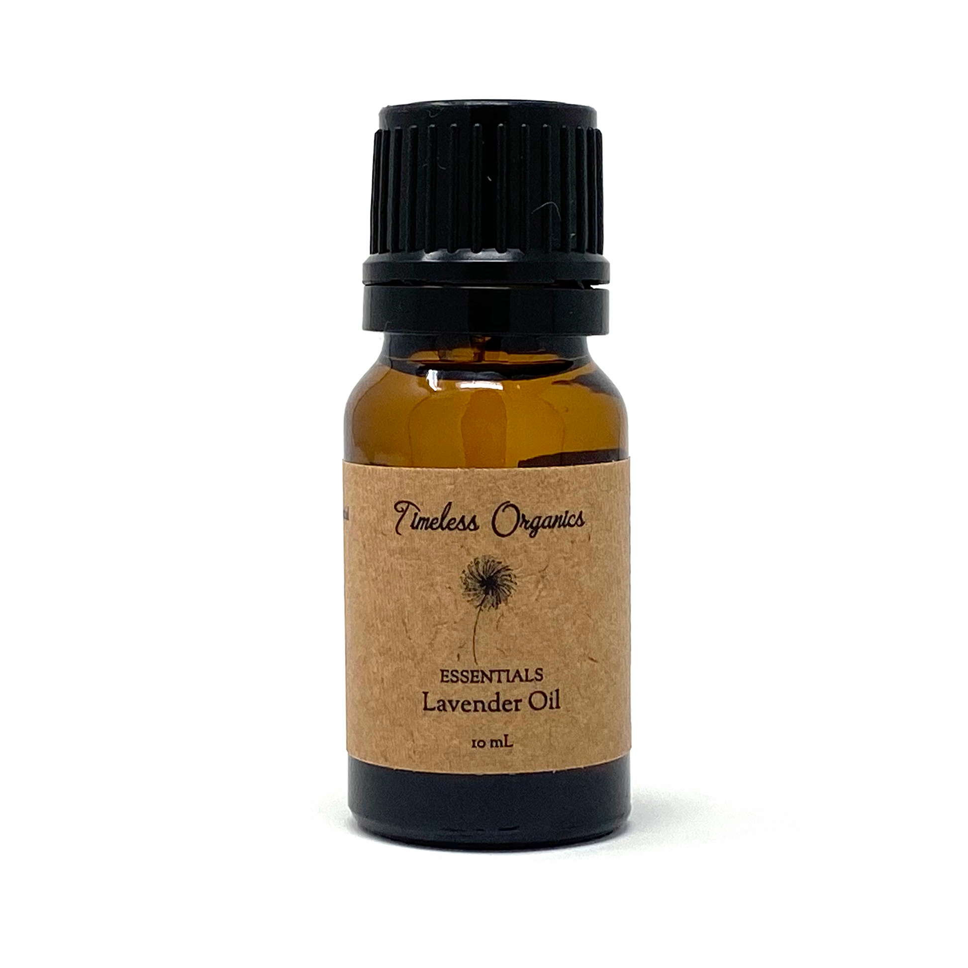 Lavender essential oil bottle with amber glass and black cap, brown label