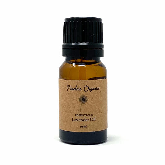 Lavender essential oil bottle with amber glass and black cap, brown label