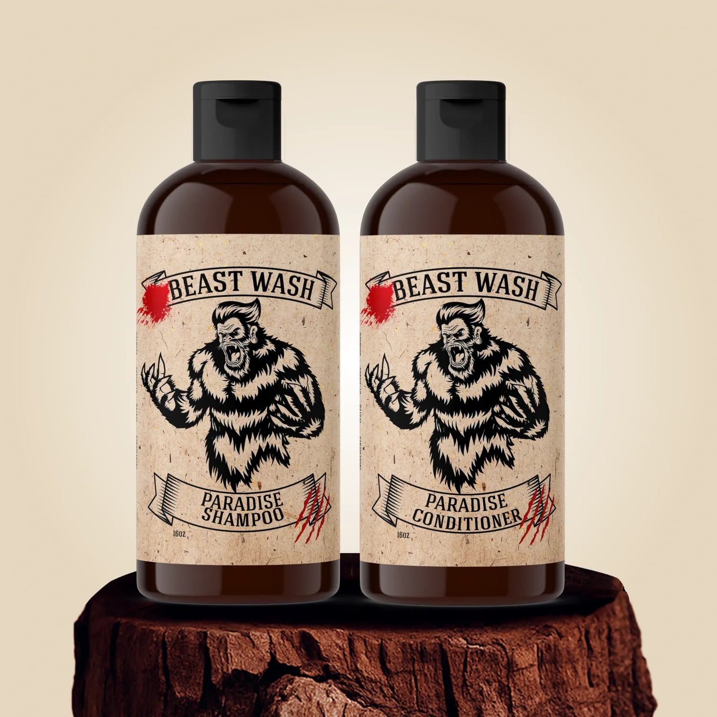 Shampoo and conditioner bottles with Paradise labels, black caps, brown amber bottle look