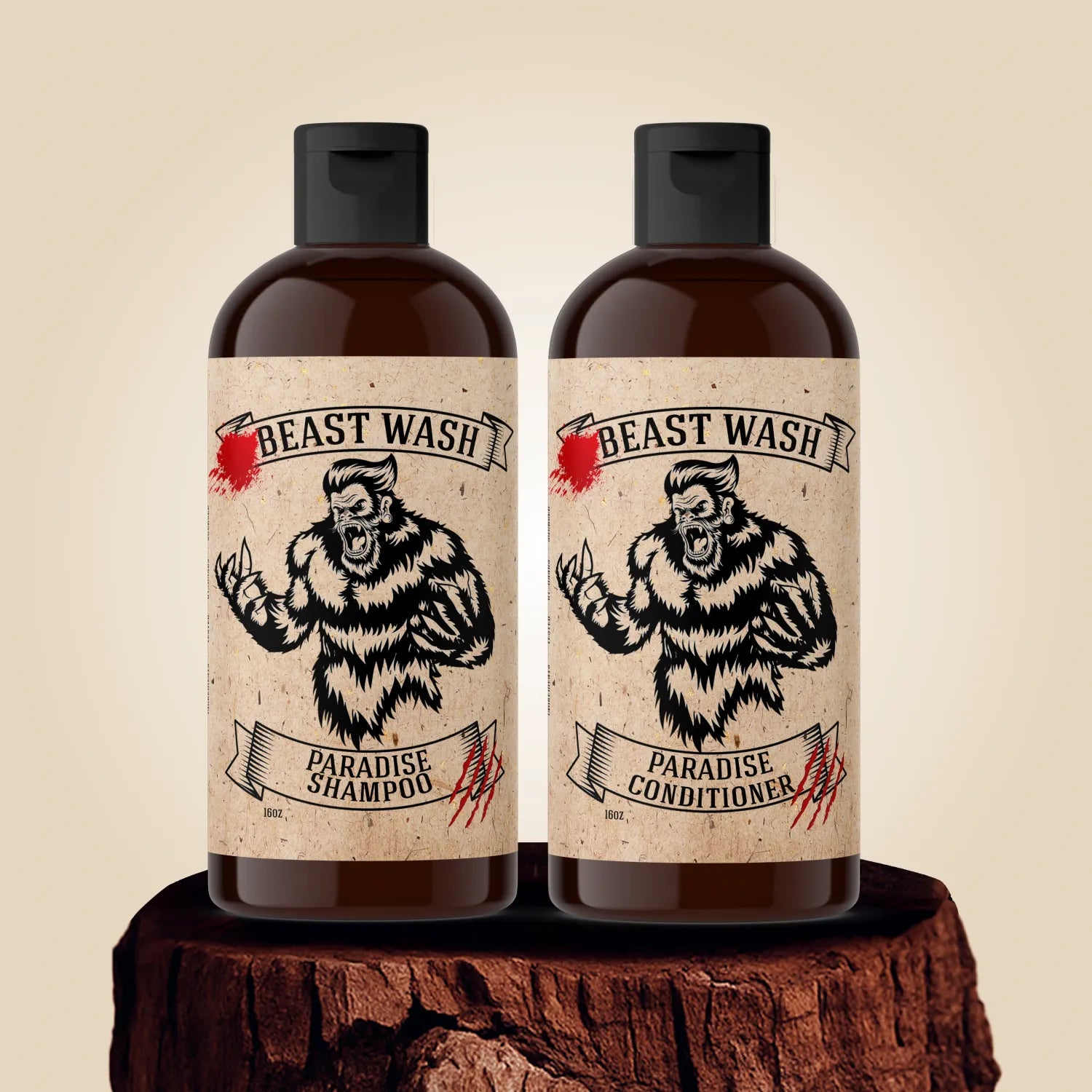 Shampoo and conditioner bottles with Paradise labels, black caps, brown amber bottle look