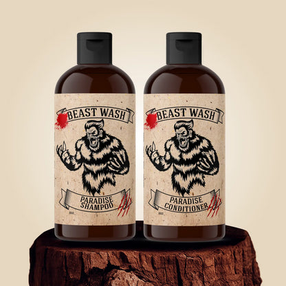 Shampoo and conditioner bottles with Paradise labels, black caps, brown amber bottle look